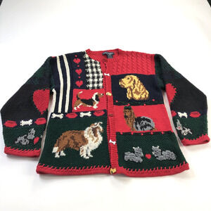 Eagles Eye VTG Women’s Medium Dog Hand Knit Cardigan Holiday Sweater 1990’s Red